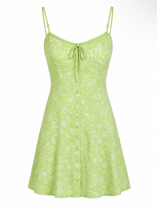 Lush Dresses & Skirts - New LUSH Lime Green Floral Mini Dress M Button Front Strappy Cottagecore Stretch